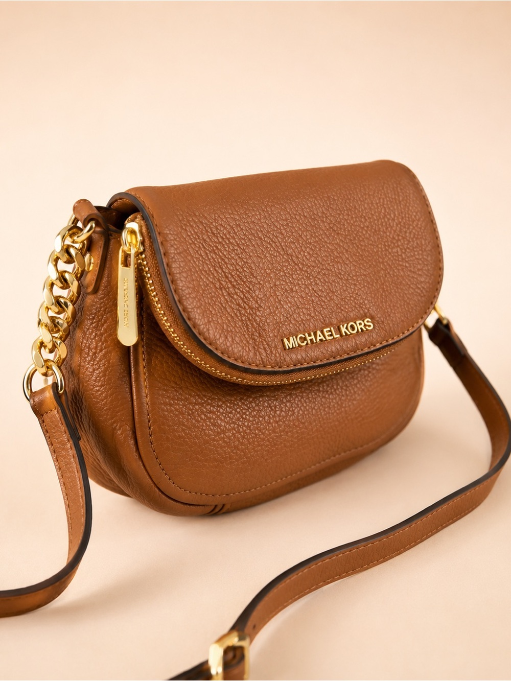 Michael Kors Cognac Pebbled Leather Crossbody Bag Gold Chain Luxe Organizer - Picture 3 of 15
